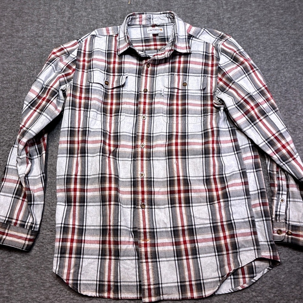 Carhartt Flannel Shirt Mens Large Tall Gray Red Plaid Original Fit Cotton Thick
